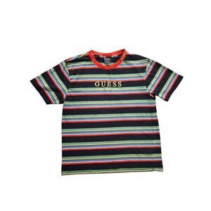 Vtg Guess T-shirt striped Y2K Men's medium multicolor embroidered accent collar